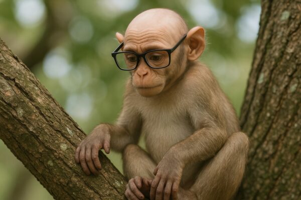 A small monkey with human-like facial features, including a bald head and large ears, is sitting on a tree branch. The monkey is wearing black-framed glasses and has a contemplative expression. The background is blurred with green foliage.